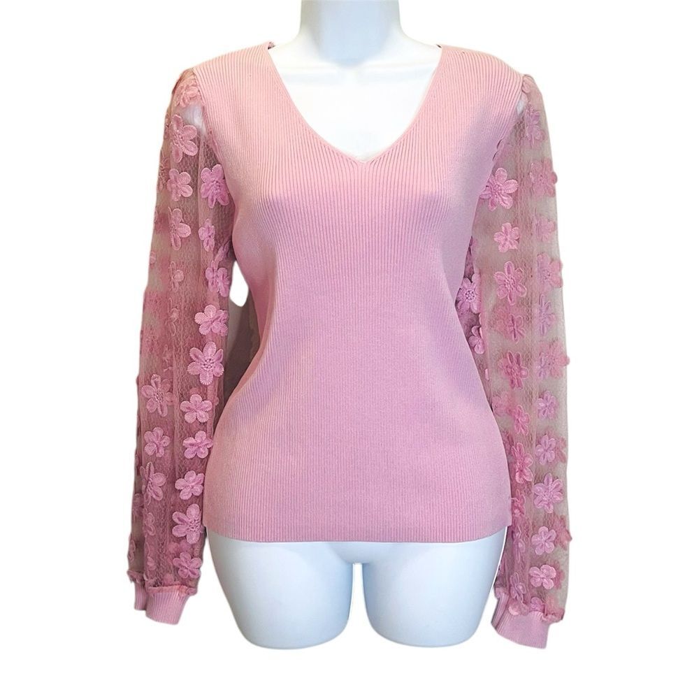 Industry Republic Clothing Women’s Size Large Pink V-Neck Sweater Floral Sleeves